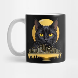 Black Cat With Yellow Eyes Night Moon And City Cats Lovers Mug